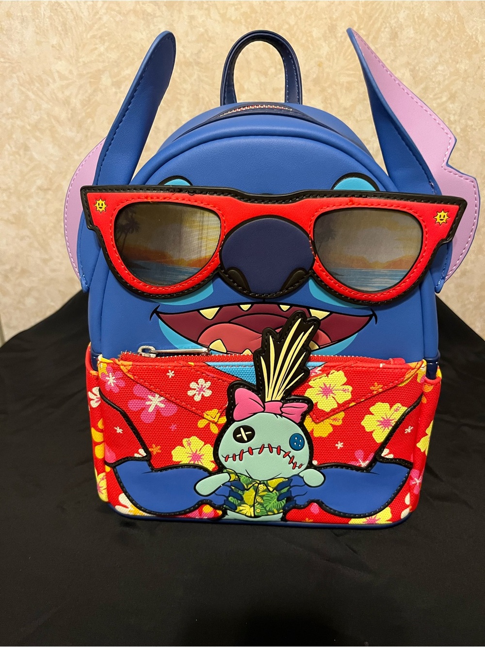 Disney Blue Stitch Mini Backpack with Red Floral Front Pocket